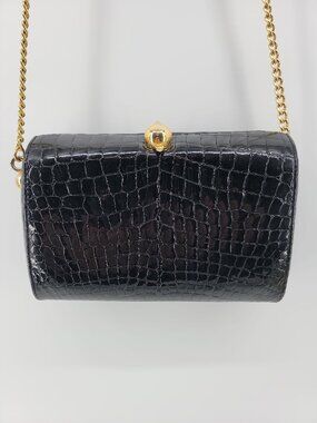 Vintage Black Croc Embossed Clutch Gold Chain Strap Evening Bag Kiss Lock Purse